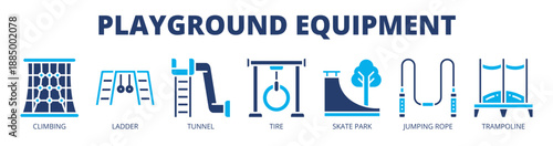 Playground Equipment web banner icon vector illustration concept for kids physical activity, with icon of climbing frame, ladder, tunnel, tire, skate park, jumping rope, and trampoline.