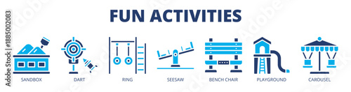 Fun Activities web banner icon vector illustration concept for children play activities, with icon of sandbox, dart game, ring game, seesaw, bench chair, playground area, and carousel.
