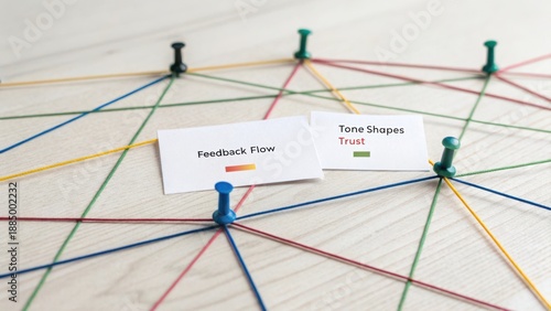 Colorful network of notes and pins illustrating collaboration, communication, and trust in a feedback flow system visually represented