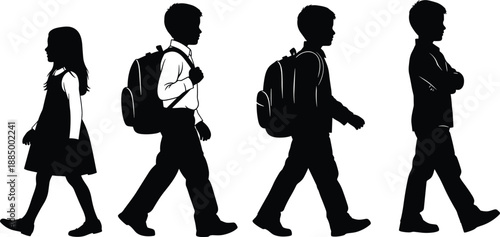 Black silhouette vector illustration of diverse elementary school children walking and carrying backpacks in a row isolated on a clean white background,