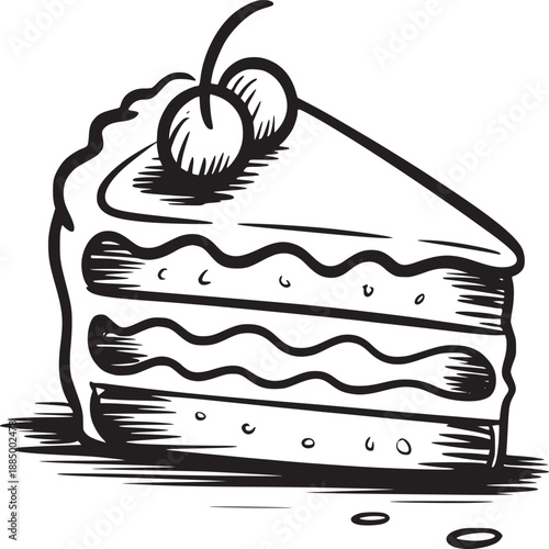 A black and white drawing of a slice of cake with cherries on top with a white background style