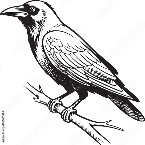 Detailed monochrome drawing of a crow perched on a branch against a plain white background art