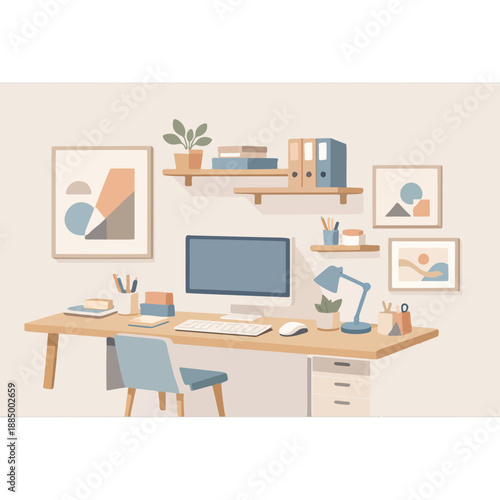 Aesthetic Home Office Illustration Serene and Productive Workspace with Desk, Computer, Organized Shelves, and Stylish Decor for Remote Work