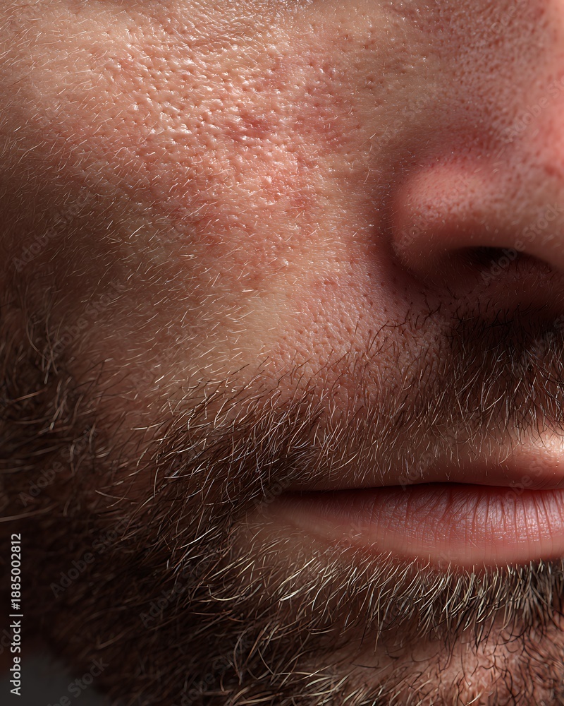 Obraz premium Macro image of male facial skin with beard stubble and visible pores on white background