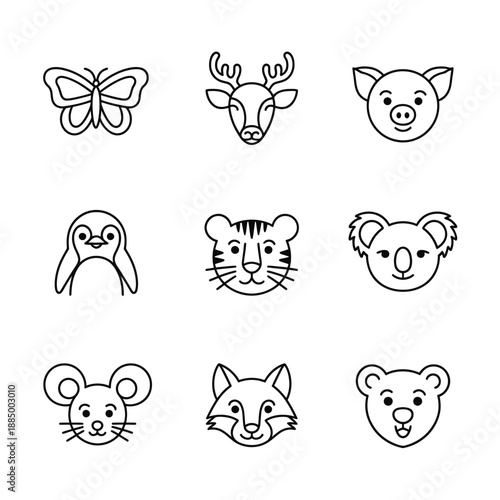 Set of cute animal faces and a butterfly in simple line style  various animals icon
