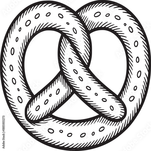 A detailed black and white drawing of a pretzel with small circles on a white background illustration