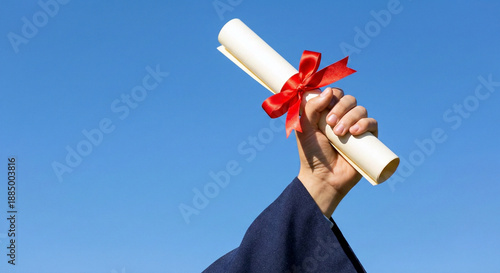 Hand of graduate student holding diploma scroll with red ribbon against clear blue sky
