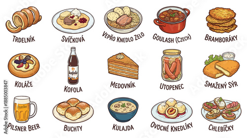 Exploring Czech cuisine tradition and culture via an illustration grid of food and drink, showcasing cartoon-style images on white background from a viewer perspective