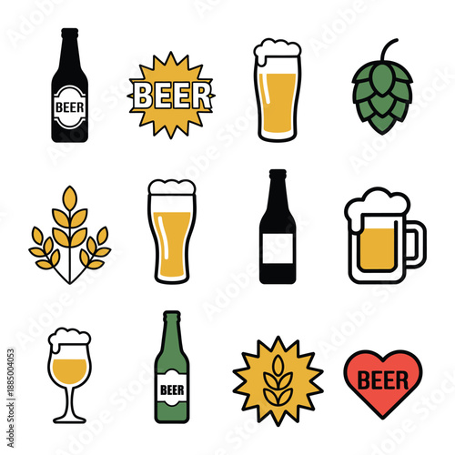 Beer colorful vector icons, bottle, glass, pint design