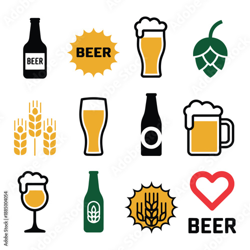 Beer colorful vector icons, bottle, glass, pint design
