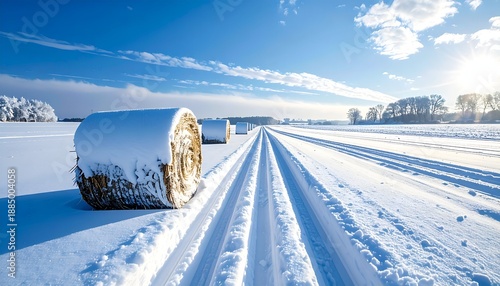 Snow-covered field with hay bales and ski tracks under bright sun
