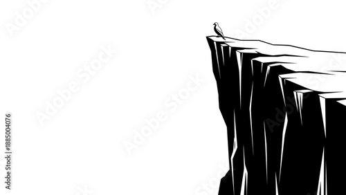 Lone bird perched on a sharp cliff edge, facing the vast white expanse.