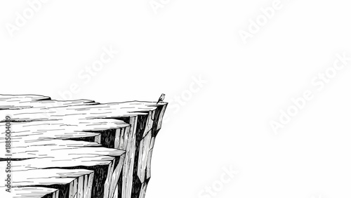 Lone bird perched on the edge of a dramatic cliff, minimalist ink drawing on white background
