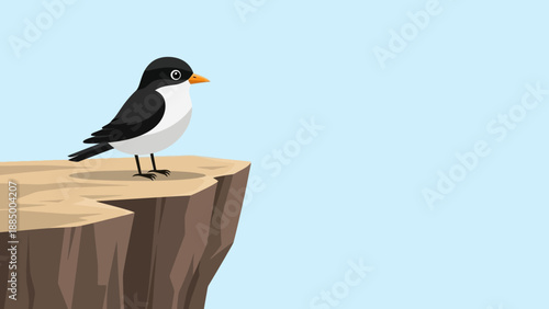 Cute cartoon bird on cliff edge, vector illustration, sky background