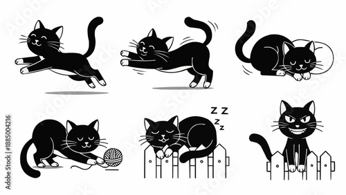 Set of Six Black Cat Poses and Activities.