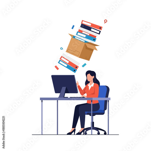 Woman Overwhelmed by Falling Files and Documents at Desk