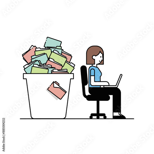 Woman at computer with overflowing folder bin, administrative overload, office work concept