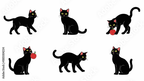 Set of six black cats in different poses and actions.