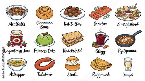 Playful classroom display of a colorful food cartoon grid, showcasing sixteen whimsical illustration squares with hand‑written label captions, viewed from a flat perspective