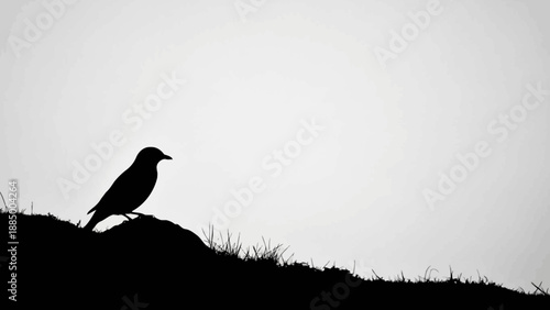Silhouette of a small bird perched on a grassy mound against a bright sky