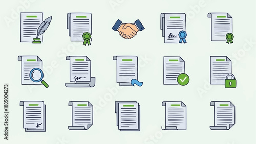 Set of icons representing documents agreements and contracts.