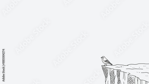 Lone bird perched on cliff edge, minimalist line drawing art