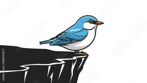 Blue bird on cliff edge, looking forward, digital illustration