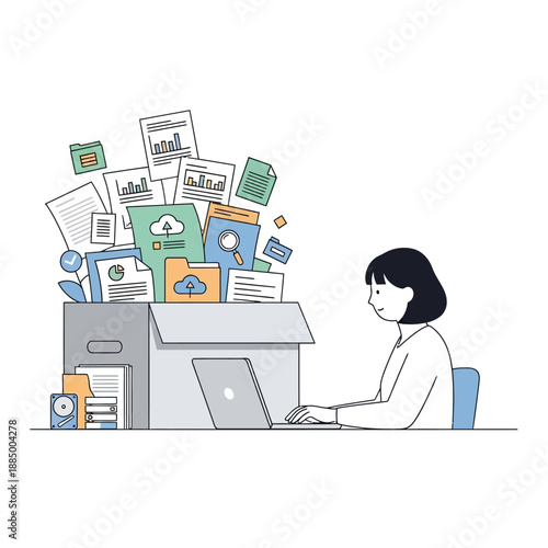 Woman working on laptop with overflowing box of documents and files