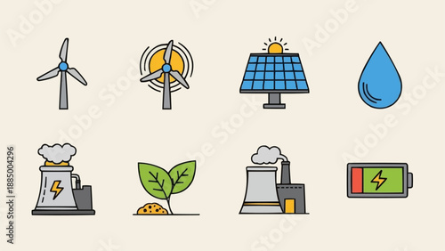 Set of icons representing renewable energy sources and power generation.