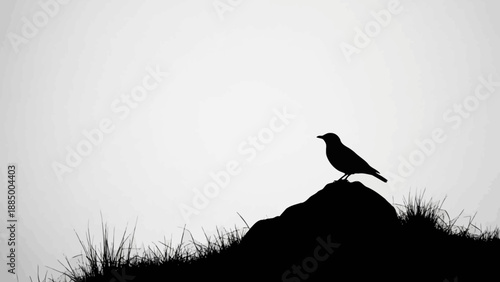 Silhouette of a small bird perched on a rock against a bright, minimalist background.