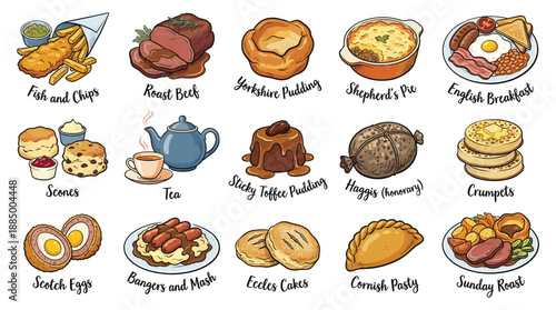 An overhead view of a breakfast food grid showcasing sixteen classic dishes arranged in four rows on a clean white surface, captured as a colorful food illustration.