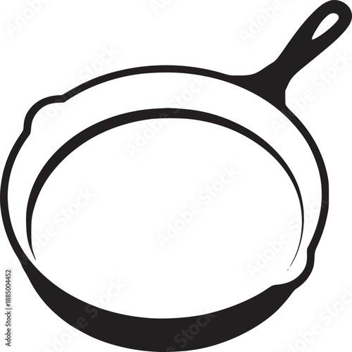 Isolated black and white illustration of a cast iron skillet with a handle and pouring spouts