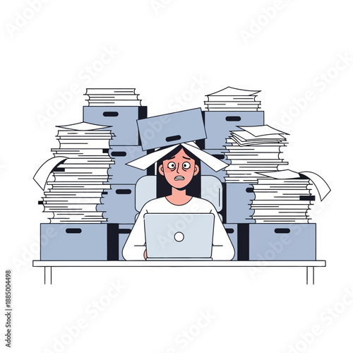 Overwhelmed woman buried in paperwork at desk with laptop, feeling stressed