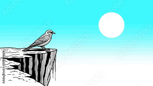 Bird on cliff edge facing bright sun, minimalist illustration, blue sky background