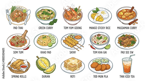 Top‑down illustration of Thai cuisine dishes displayed on plates in a clean white background, showcasing a vibrant culinary showcase of sixteen traditional Thai foods