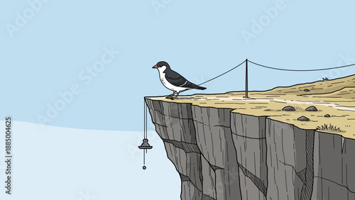 Bird on cliff edge with dangling bell