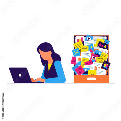 Woman working on laptop next to overflowing document box, organization concept