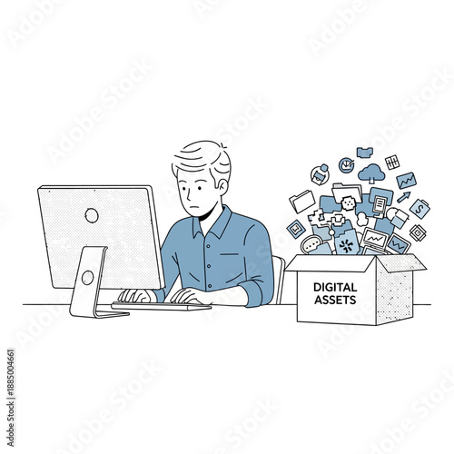 Man working on computer with overflowing box of digital assets and icons