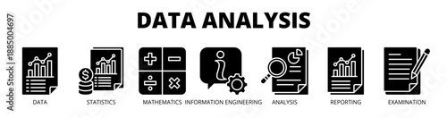 Data analysis web banner icon vector illustration concept for data insights with icon of data, statistics, mathematics, information engineering, analysis, reporting, and examination.