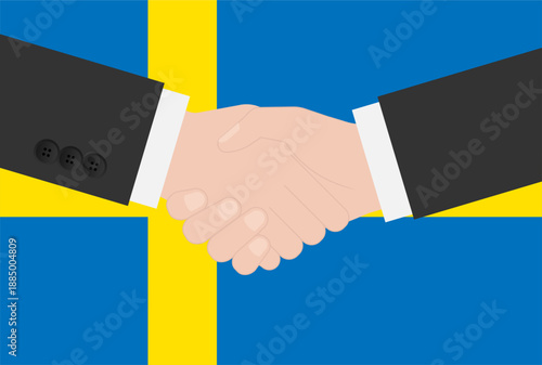 Two Businessman Shaking Hand in front of Flag of Sweden. Vector Illustration.