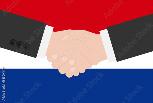 Two Businessman Shaking Hand in front of Flag of Netherlands. Vector Illustration.