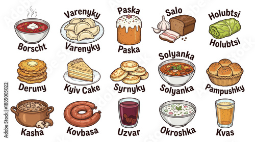 Illustration Front‑View Gallery of 16 Classic Dishes Showcasing Vibrant Cartoon Style on a Clean White Background