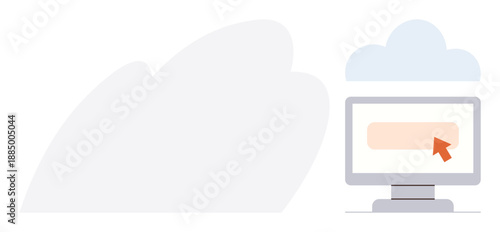 Cloud computing, web browsing, technology, online services, digital connectivity, internet access. Computer screen with a cloud icon and pointer cursor. Cloud computing and web browsing visualization