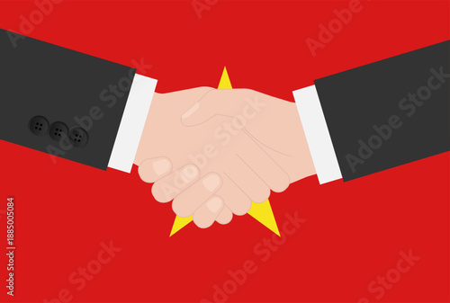 Two Businessman Shaking Hand in front of Flag of Vietnam. Vector Illustration.