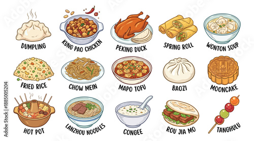 Playful illustration showcasing Chinese food culture with vibrant cartoon dishes arranged in four rows, captured in a clean white studio setting from an overhead viewpoint