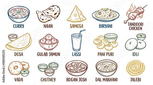 A vibrant illustration of twelve traditional Indian dishes like curry, biryani, lassi, dal, and jalebi, arranged on a clean white background, seen from a top-down view