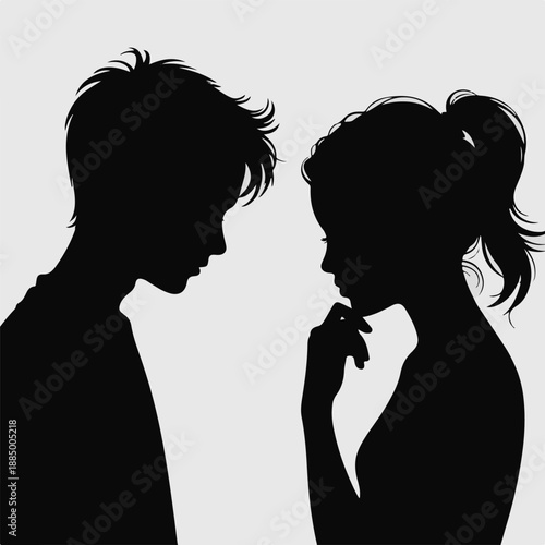 Minimalist Silhouette of a Young Couple in Deep Conversation, Side Profile Vector Illustration