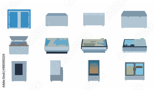 Flat commercial freezer icons vector set for industrial refrigeration systems