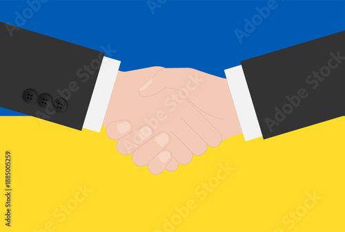 Two Businessman Shaking Hand in front of Flag of Ukraine. Vector Illustration.