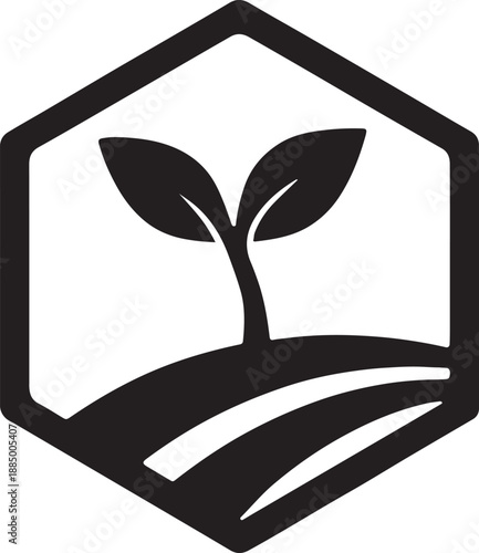 Sprout silhouette growing through a hexagon frame in a modern agriculture emblem vector style
